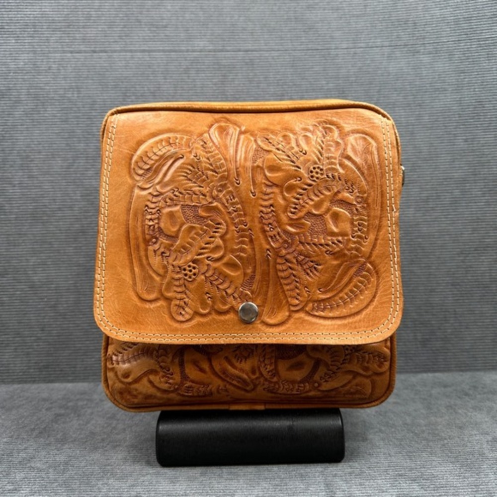 Vintage Hand Tooled Leather Duffel Bag Tan Floral Western Travel Weekender Bag